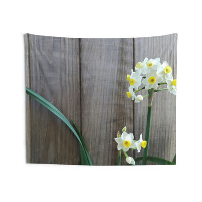 Daffodils by the Fence Wall Tapestry – Rustic Spring Floral Hanging for Cottagecore and Botanical Decor