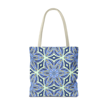 Pale Cornflower Blue and Yellow Tote Bag – Geometric Floral Pattern Reusable Shopping Bag for Everyday Use