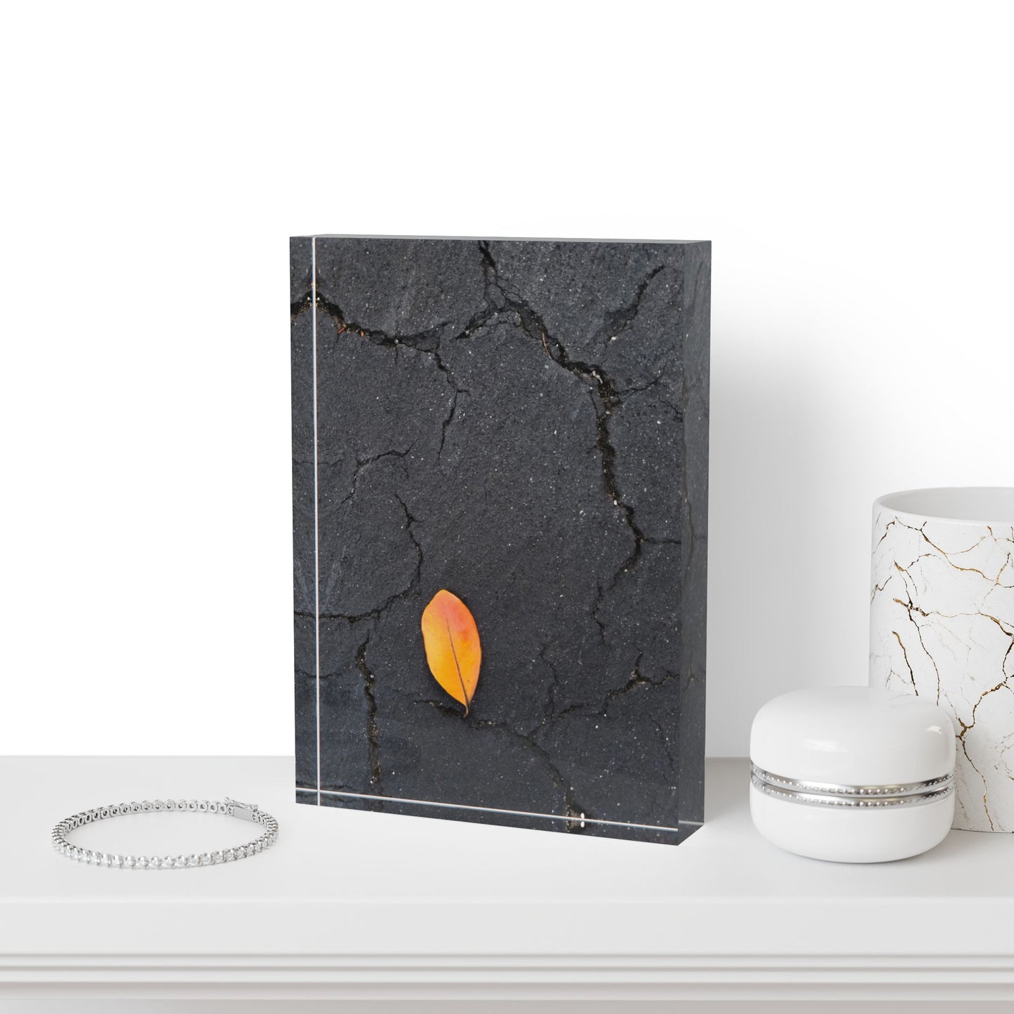 Orange Leaf on Black Concrete Acrylic Block – Minimalist Urban Autumn Wall Art Print for Modern Rustic Decor