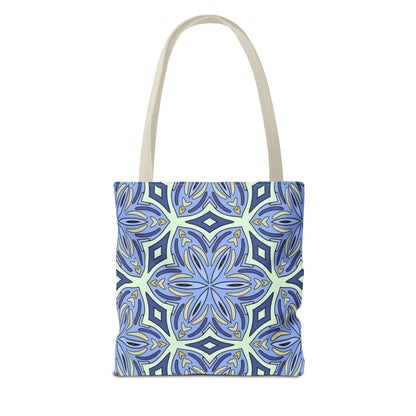 Pale Cornflower Blue and Yellow Tote Bag – Geometric Floral Pattern Reusable Shopping Bag for Everyday Use