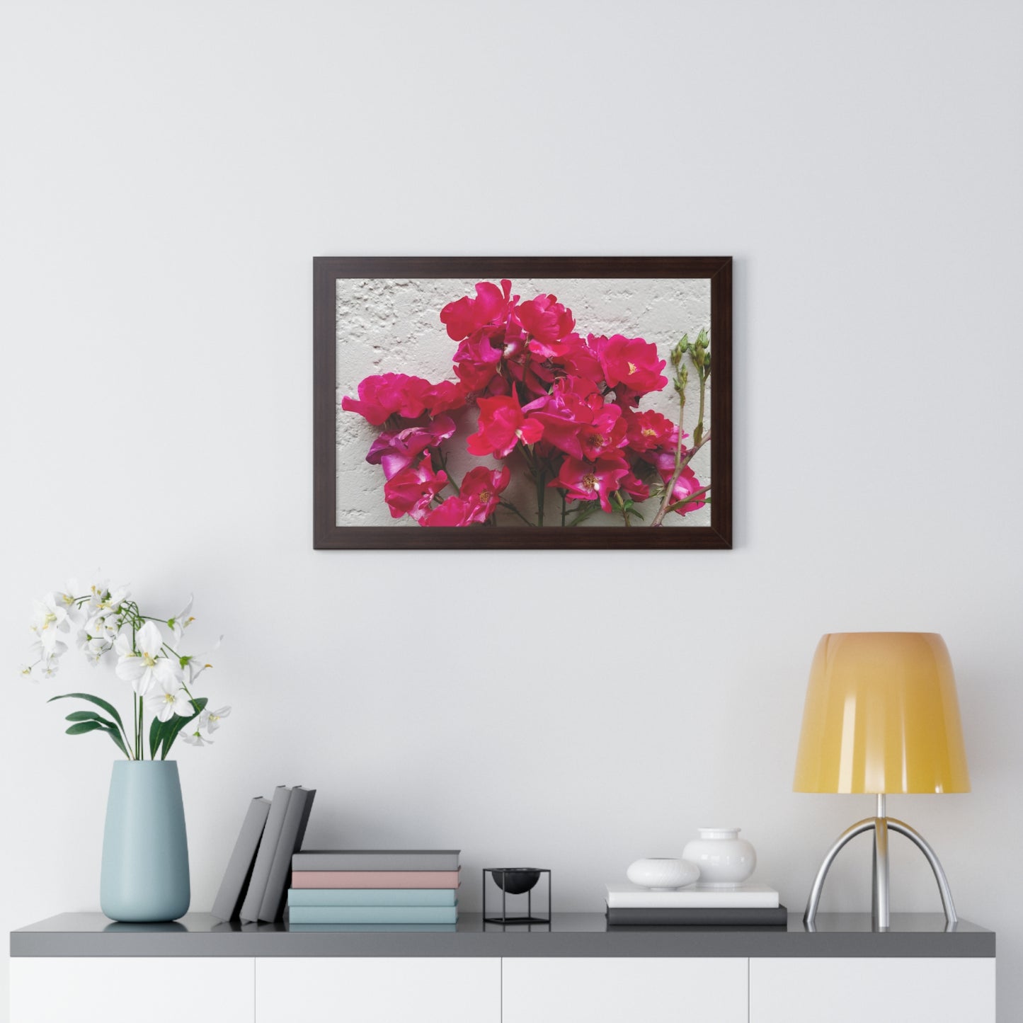 Bougainvillea Against White Stucco Wall Framed Print – Mediterranean Floral Wall Art, Summer Bloom Botanical Decor