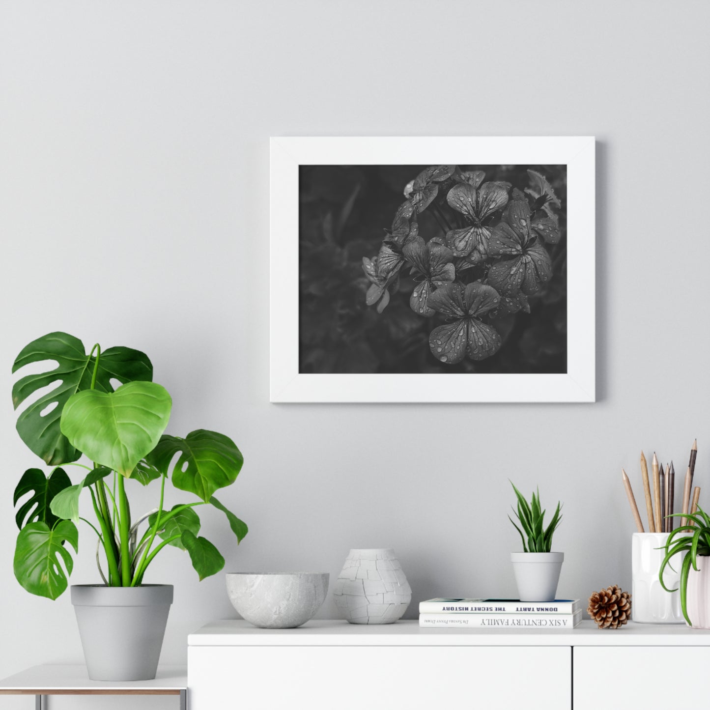 Geranium After a Light Rain Framed Print – Moody Botanical Floral Art, Monochrome Nature-Inspired Wall Decor