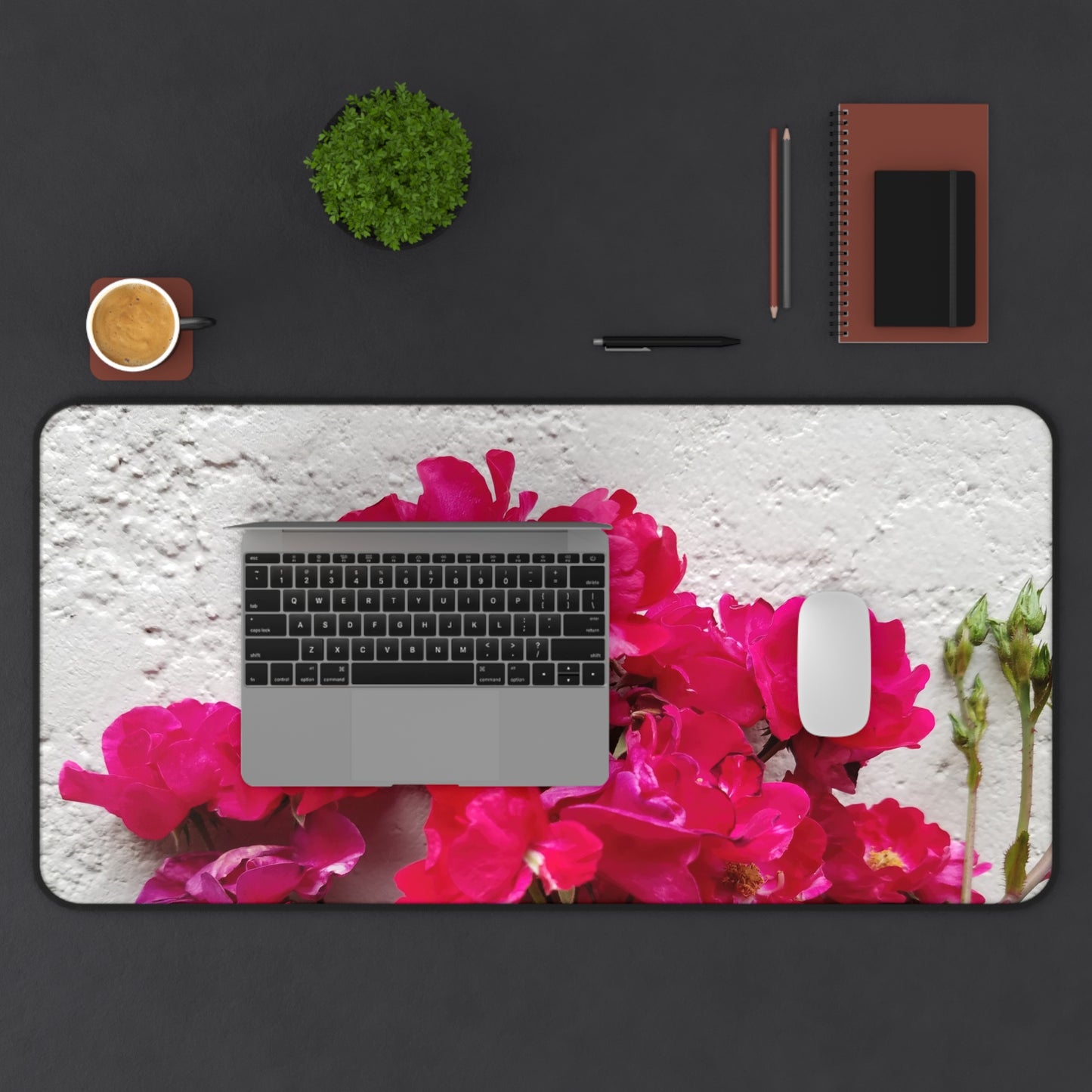 Bougainvillea Against White Stucco Wall Desk Mat – Mediterranean Floral Office Accessory, Summer Bloom Workspace Decor