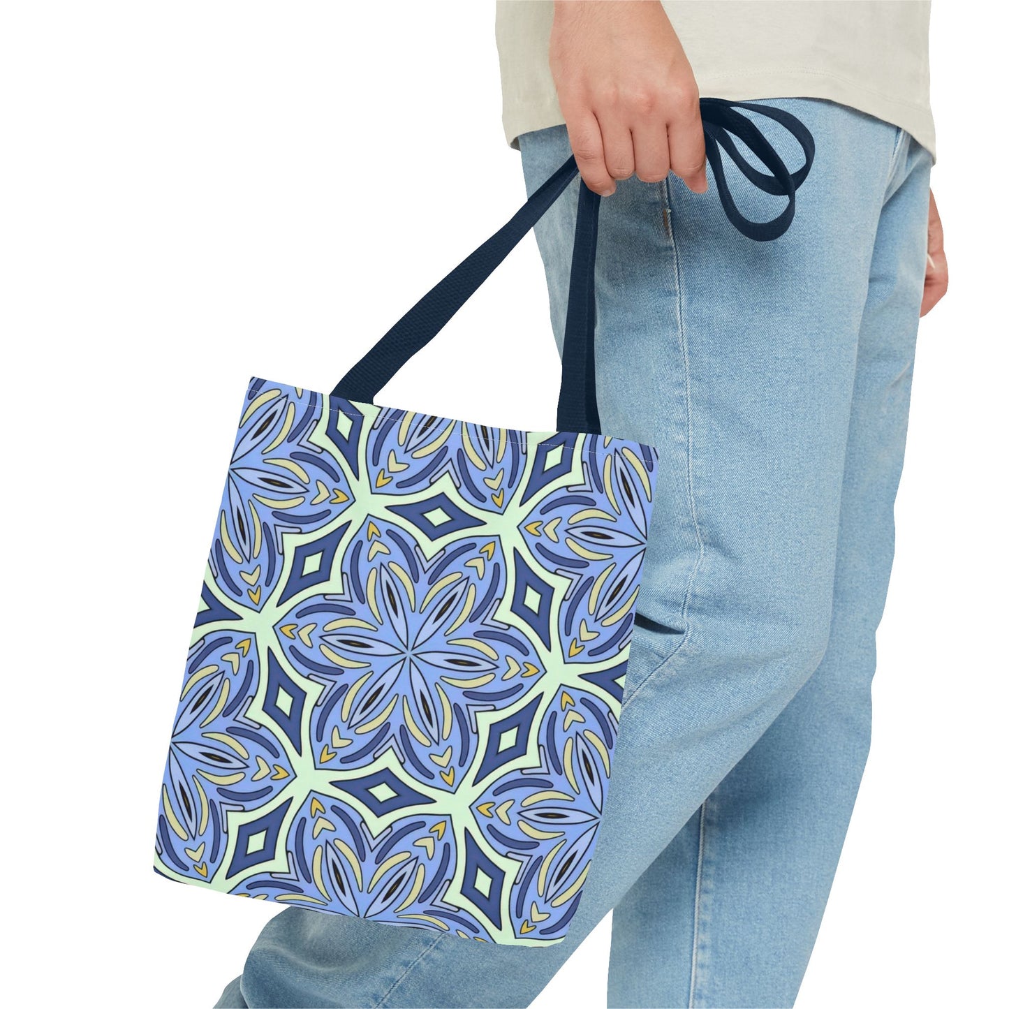 Pale Cornflower Blue and Yellow Tote Bag – Geometric Floral Pattern Reusable Shopping Bag for Everyday Use