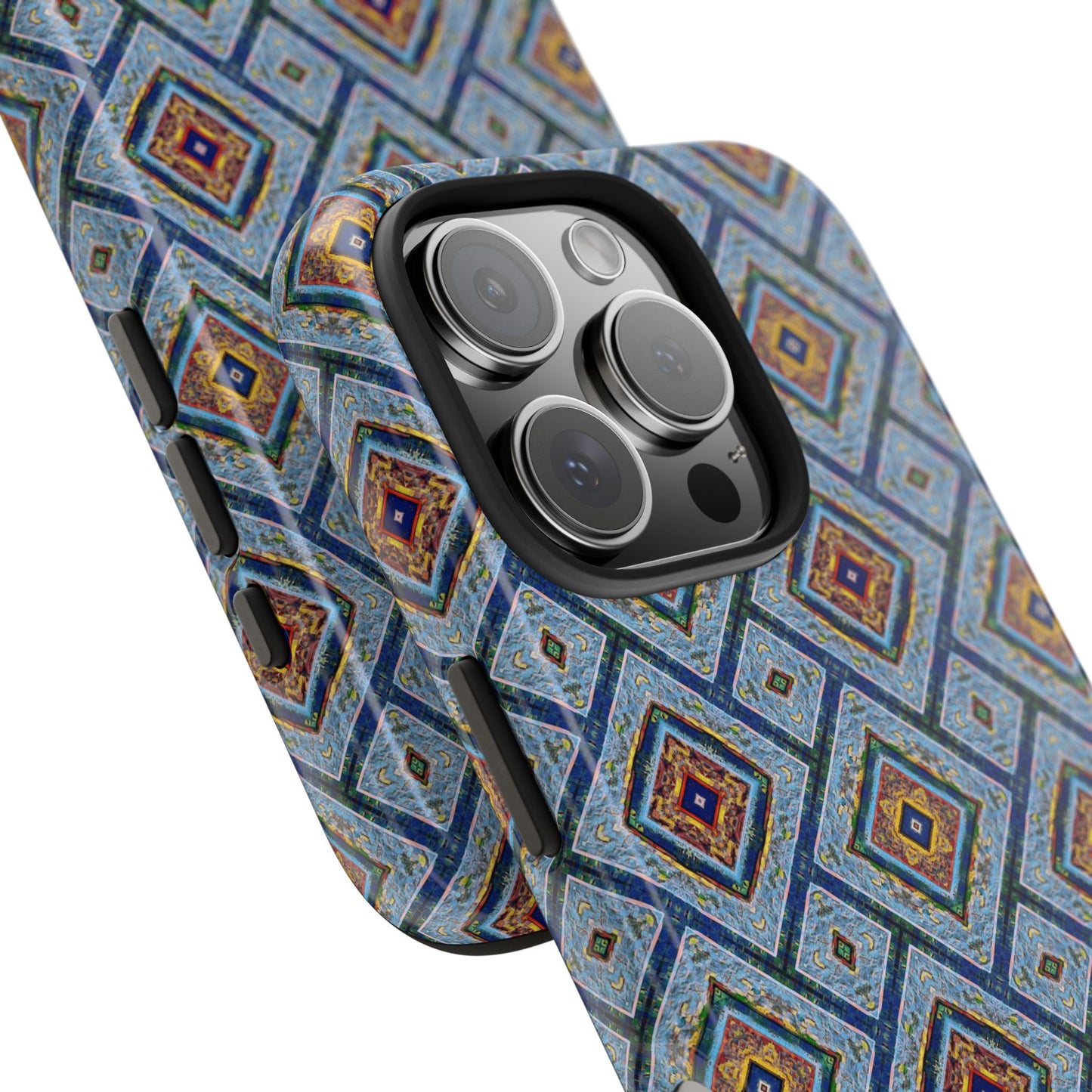 Blue Fusion Tiling Tough Case – Blue Geometric Phone Case, Modern Diamond Pattern Cover, Abstract Tile Design