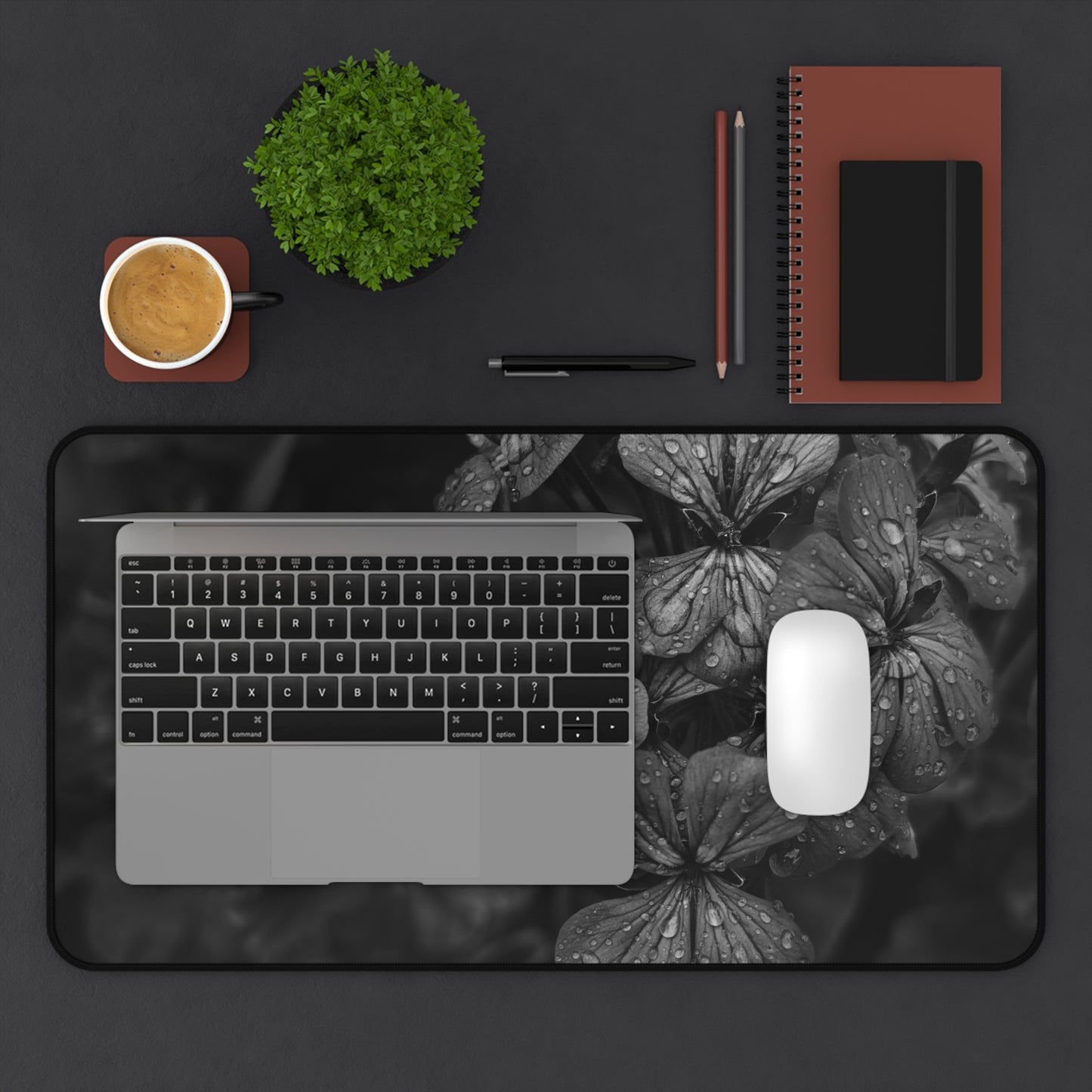 Geranium After a Light Rain Desk Mat – Moody Botanical Floral Art, Monochrome Nature-Inspired Workspace Decor