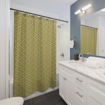 Retro Yellow Flowers Shower Curtain – Geometric Floral Bathroom Decor in Yellow and Green