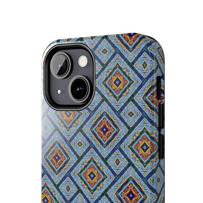 Blue Fusion Tiling Tough Case – Blue Geometric Phone Case, Modern Diamond Pattern Cover, Abstract Tile Design