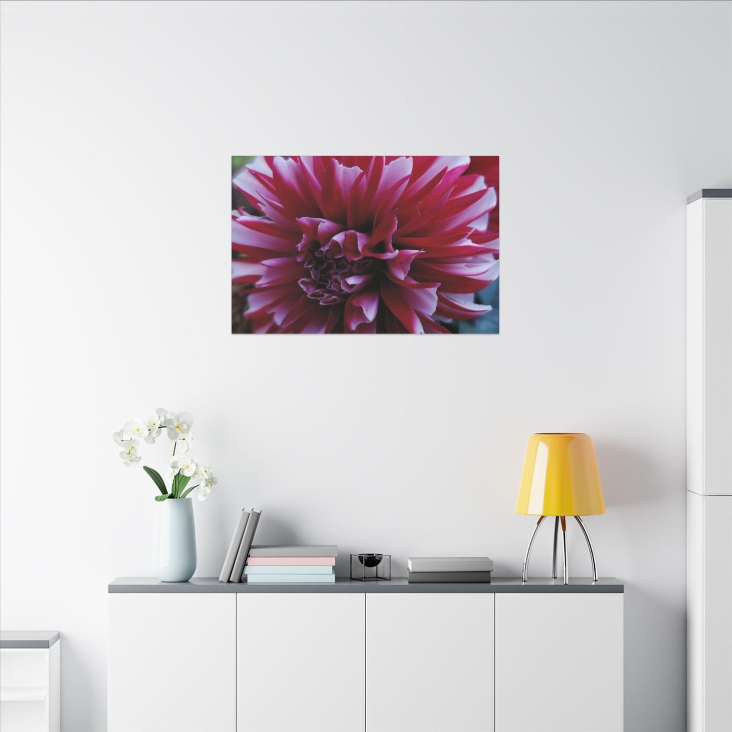 Red and White Dahlia Canvas Print – Bright Floral Nature Photography Wall Art