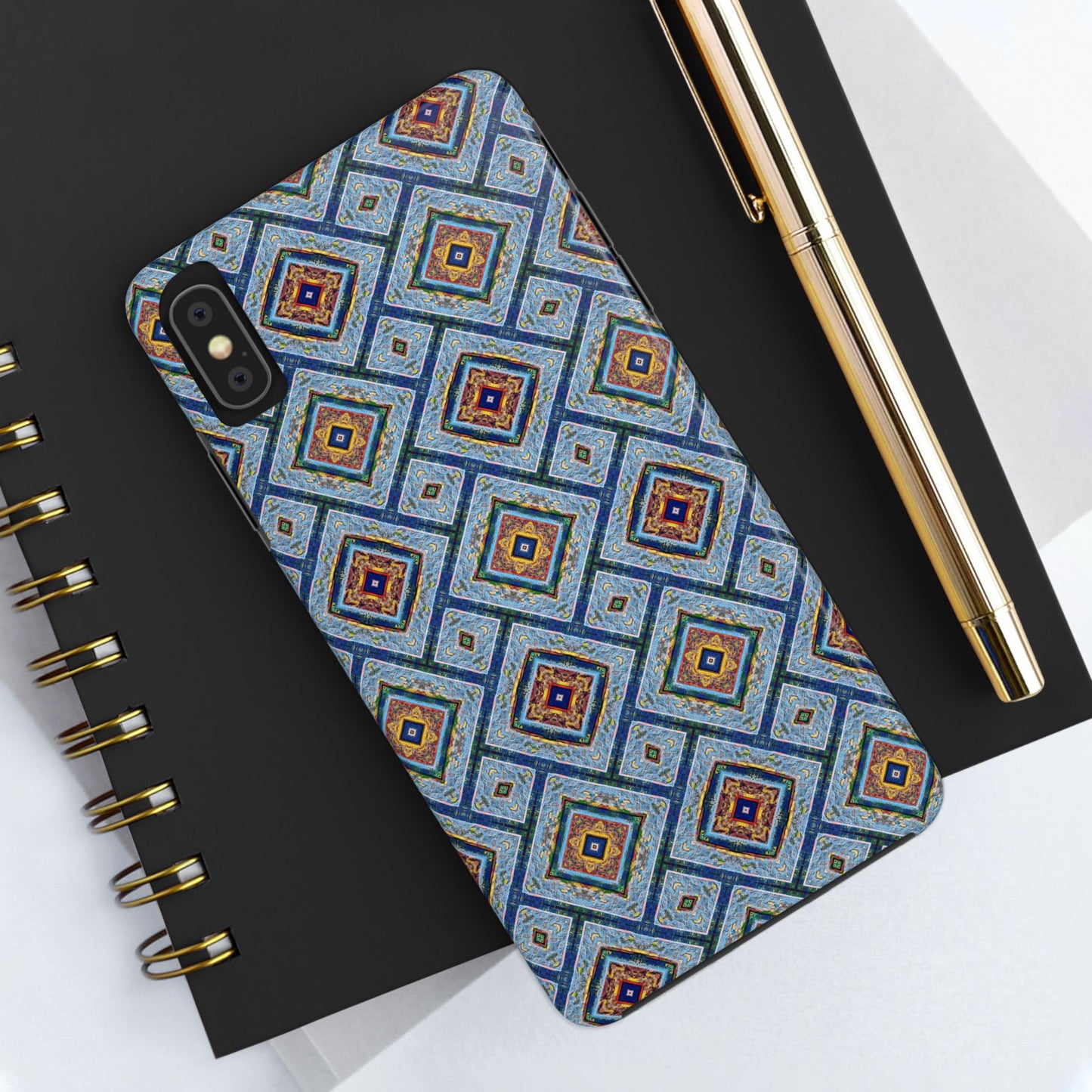 Blue Fusion Tiling Tough Case – Blue Geometric Phone Case, Modern Diamond Pattern Cover, Abstract Tile Design
