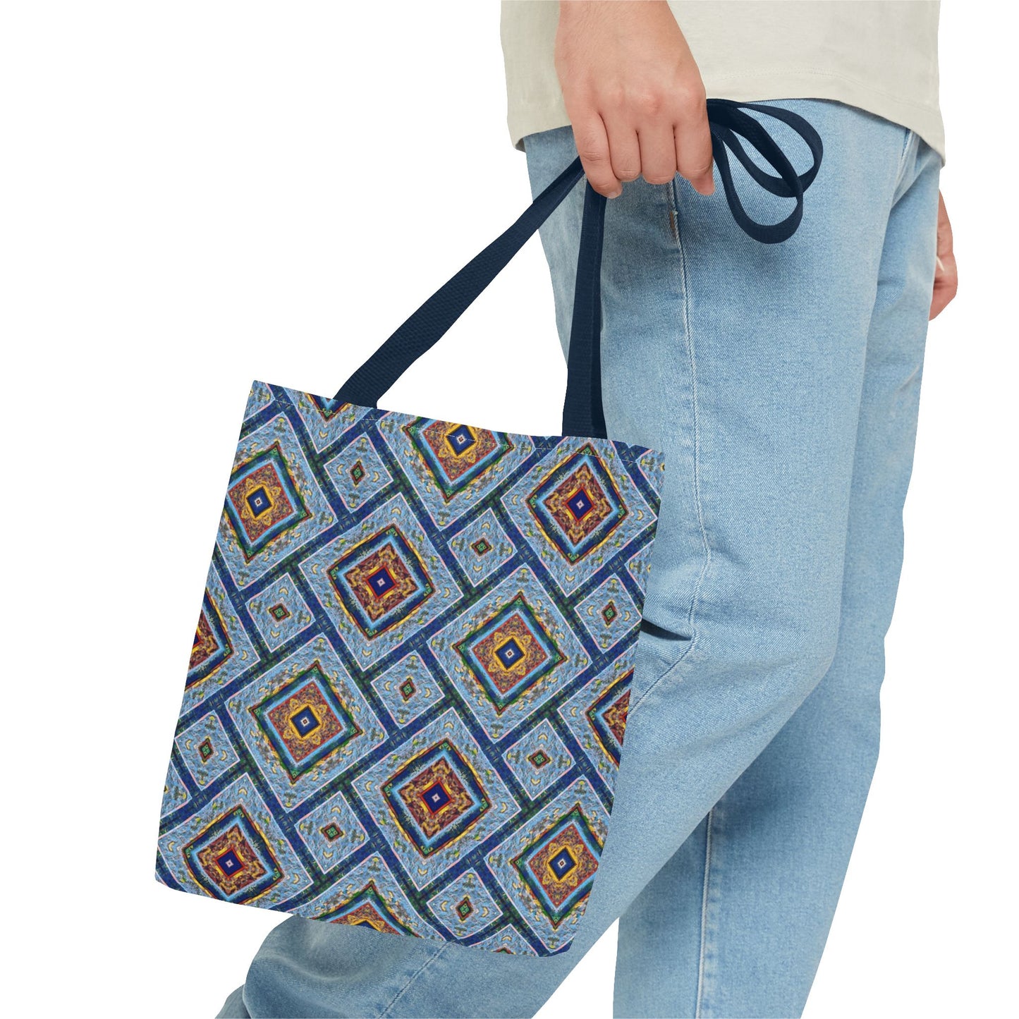 Blue Fusion Tiling Tote Bag – Blue Geometric Canvas, Modern Tile Pattern, Diamond Design Everyday Bag