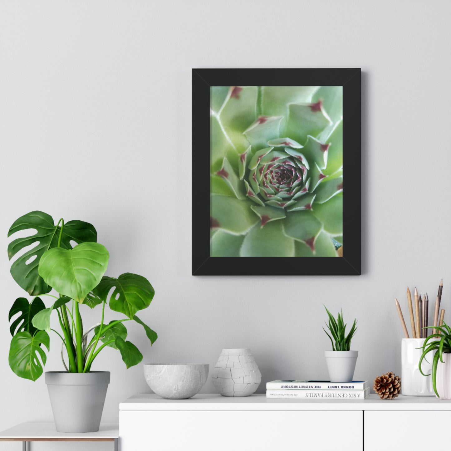 Pale Green Spiky Succulent Framed Print – Minimalist Botanical Wall Art for Desert-Inspired Interiors
