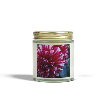 Red and White Dahlia Jar Candle – Botanical Flower Photo Candle for Cozy Floral Home Decor