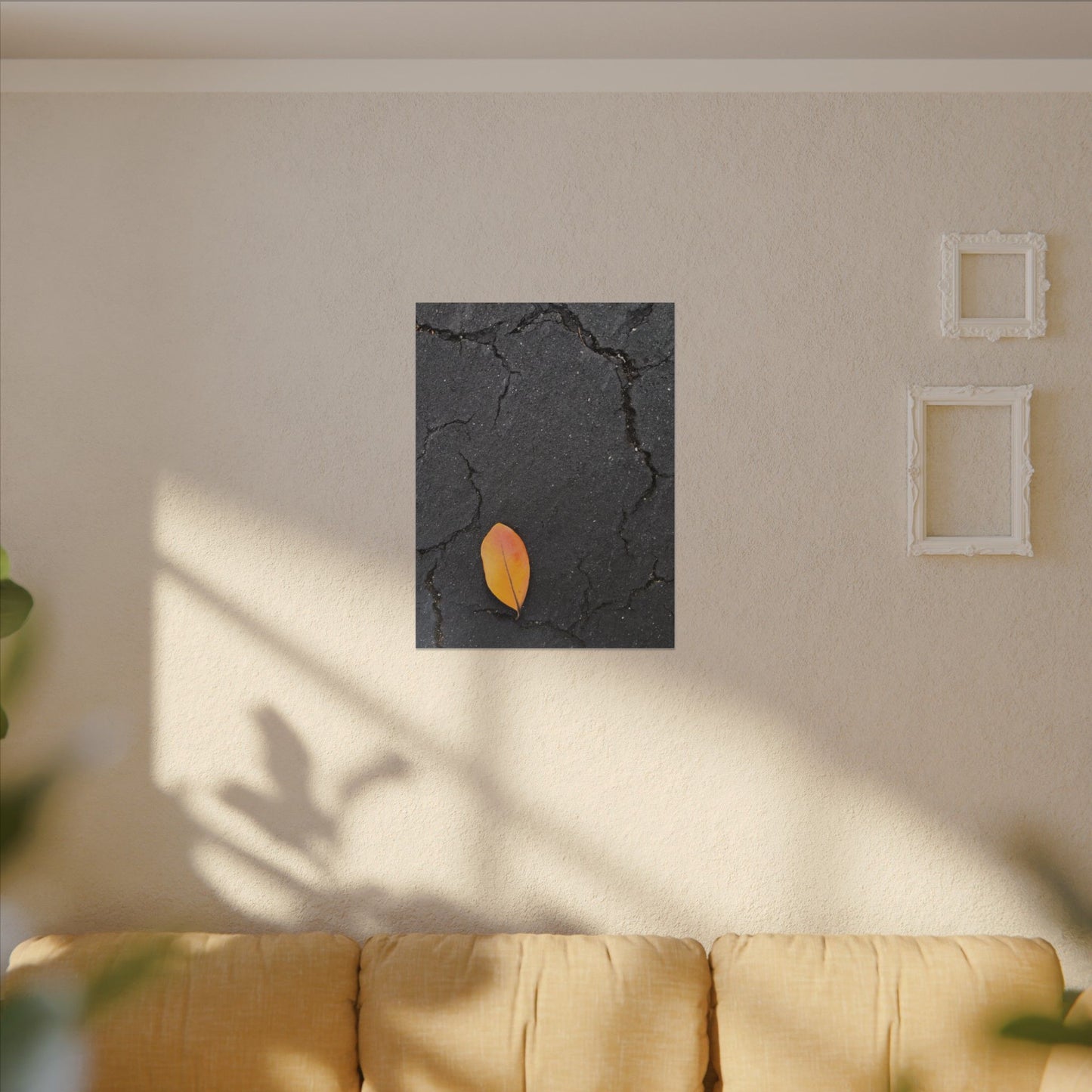 Orange Leaf Against Black Concrete Minimalistic Canvas Print – Contemporary Nature Photography Wall Art