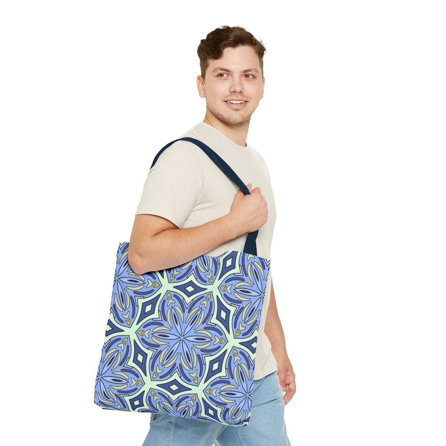 Pale Cornflower Blue and Yellow Tote Bag – Geometric Floral Pattern Reusable Shopping Bag for Everyday Use