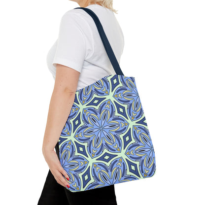 Pale Cornflower Blue and Yellow Tote Bag – Geometric Floral Pattern Reusable Shopping Bag for Everyday Use