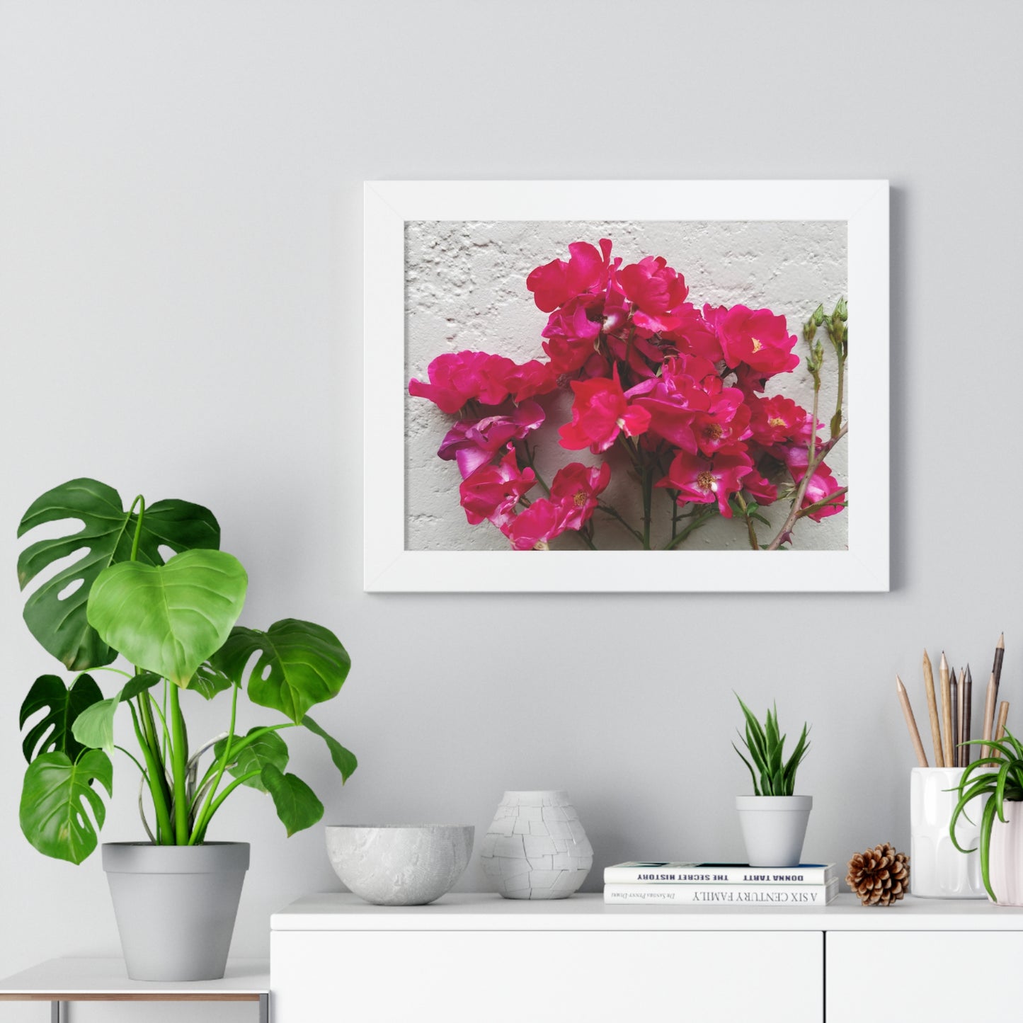 Bougainvillea Against White Stucco Wall Framed Print – Mediterranean Floral Wall Art, Summer Bloom Botanical Decor