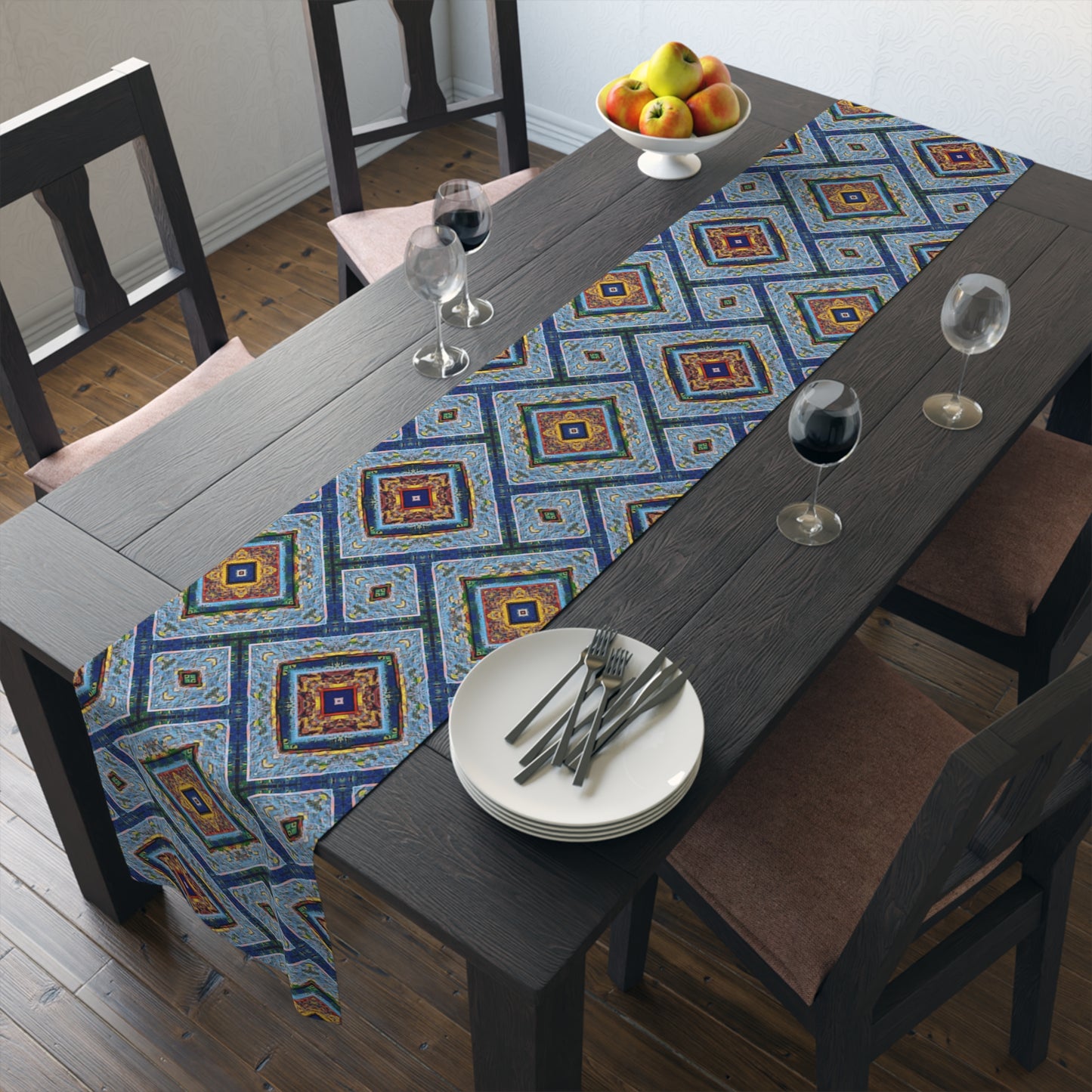 Blue Fusion Tiling Table Runner – Blue Geometric Dining Decor, Modern Tile Pattern Runner