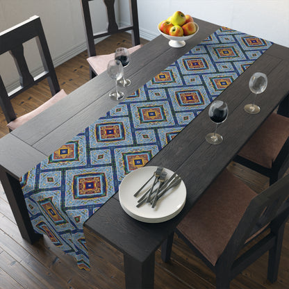 Blue Fusion Tiling Table Runner – Blue Geometric Dining Decor, Modern Tile Pattern Runner