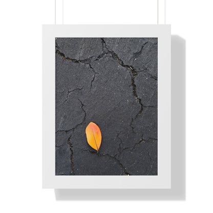 Orange Leaf on Black Concrete Framed Print – Minimalist Autumn Wall Art for Urban and Modern Rustic Decor