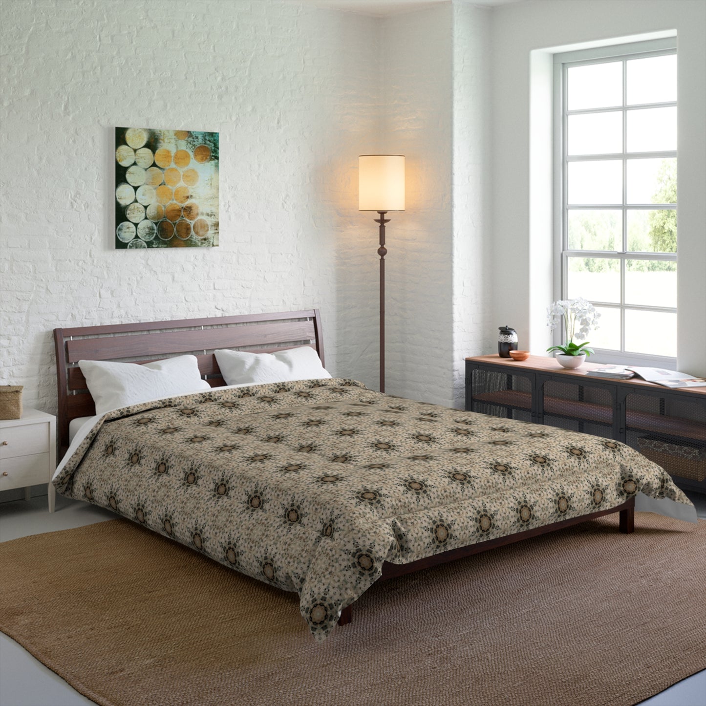 Desert Suns Comforter – Boho Sunburst Bedding, Beige Neutral Tones Mandala Design