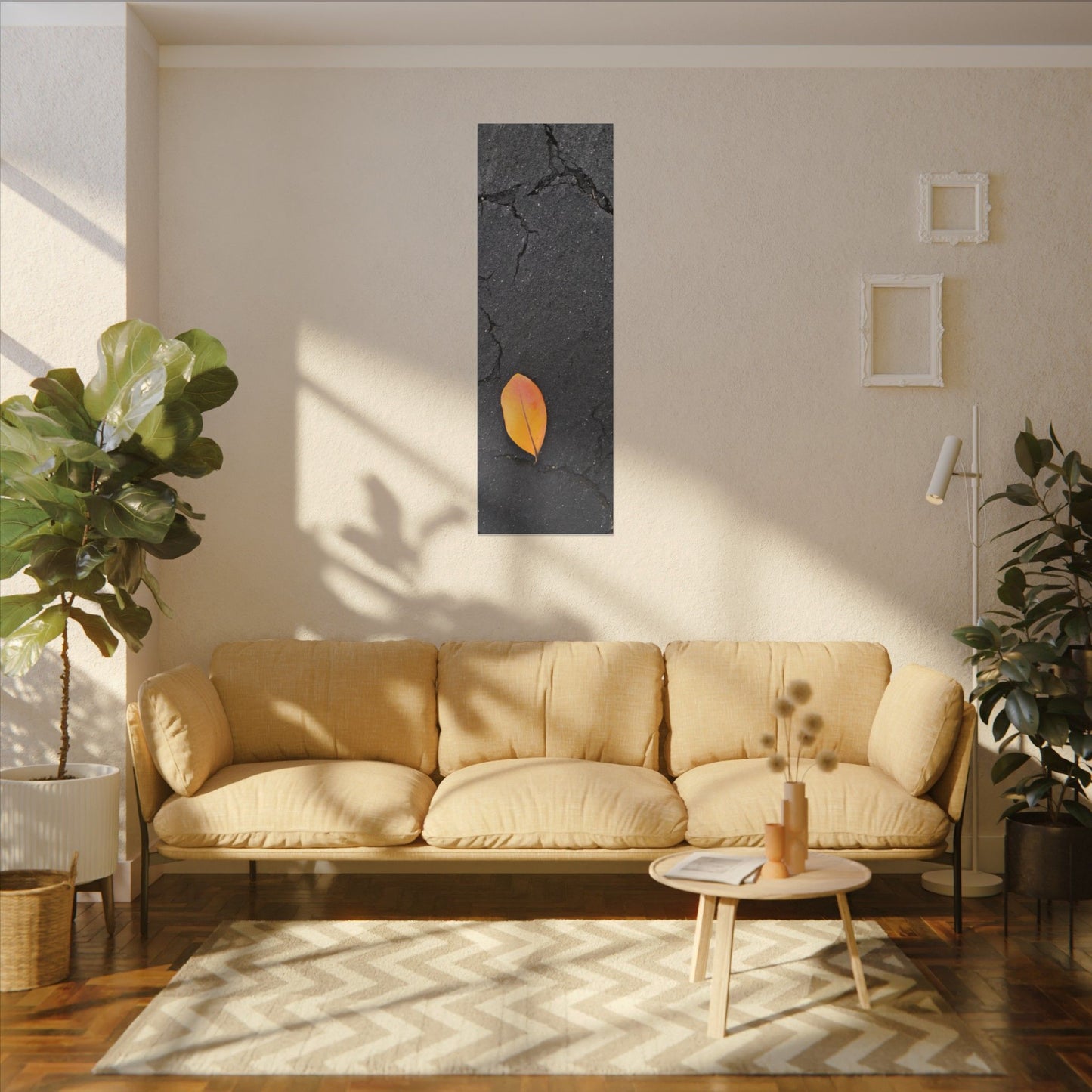 Orange Leaf Against Black Concrete Minimalistic Canvas Print – Contemporary Nature Photography Wall Art