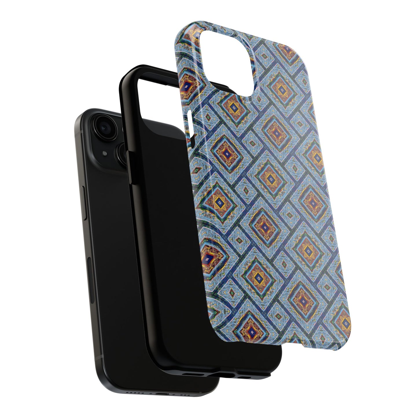 Blue Fusion Tiling Tough Case – Blue Geometric Phone Case, Modern Diamond Pattern Cover, Abstract Tile Design