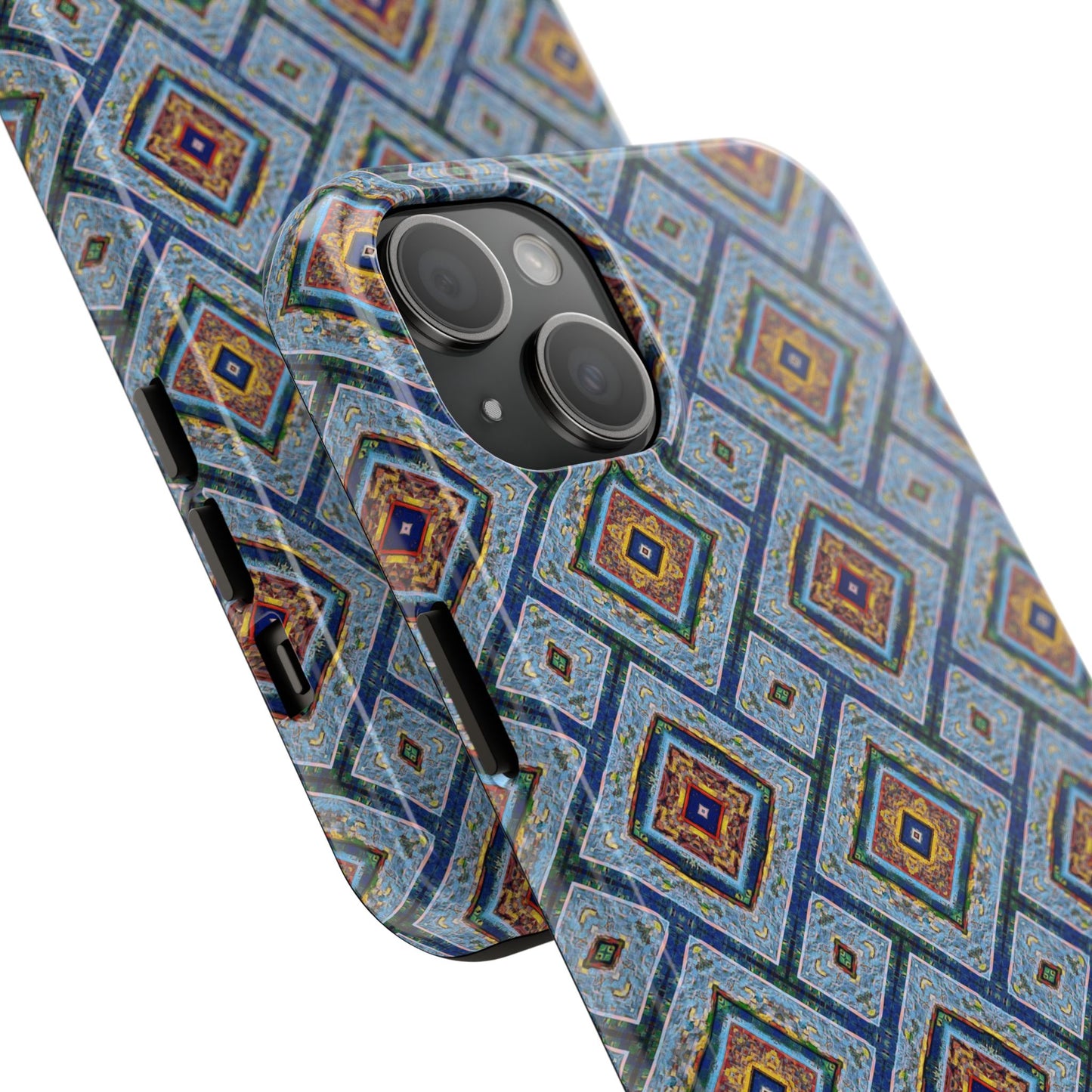 Blue Fusion Tiling Tough Case – Blue Geometric Phone Case, Modern Diamond Pattern Cover, Abstract Tile Design