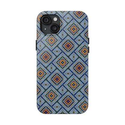 Blue Fusion Tiling Tough Case – Blue Geometric Phone Case, Modern Diamond Pattern Cover, Abstract Tile Design