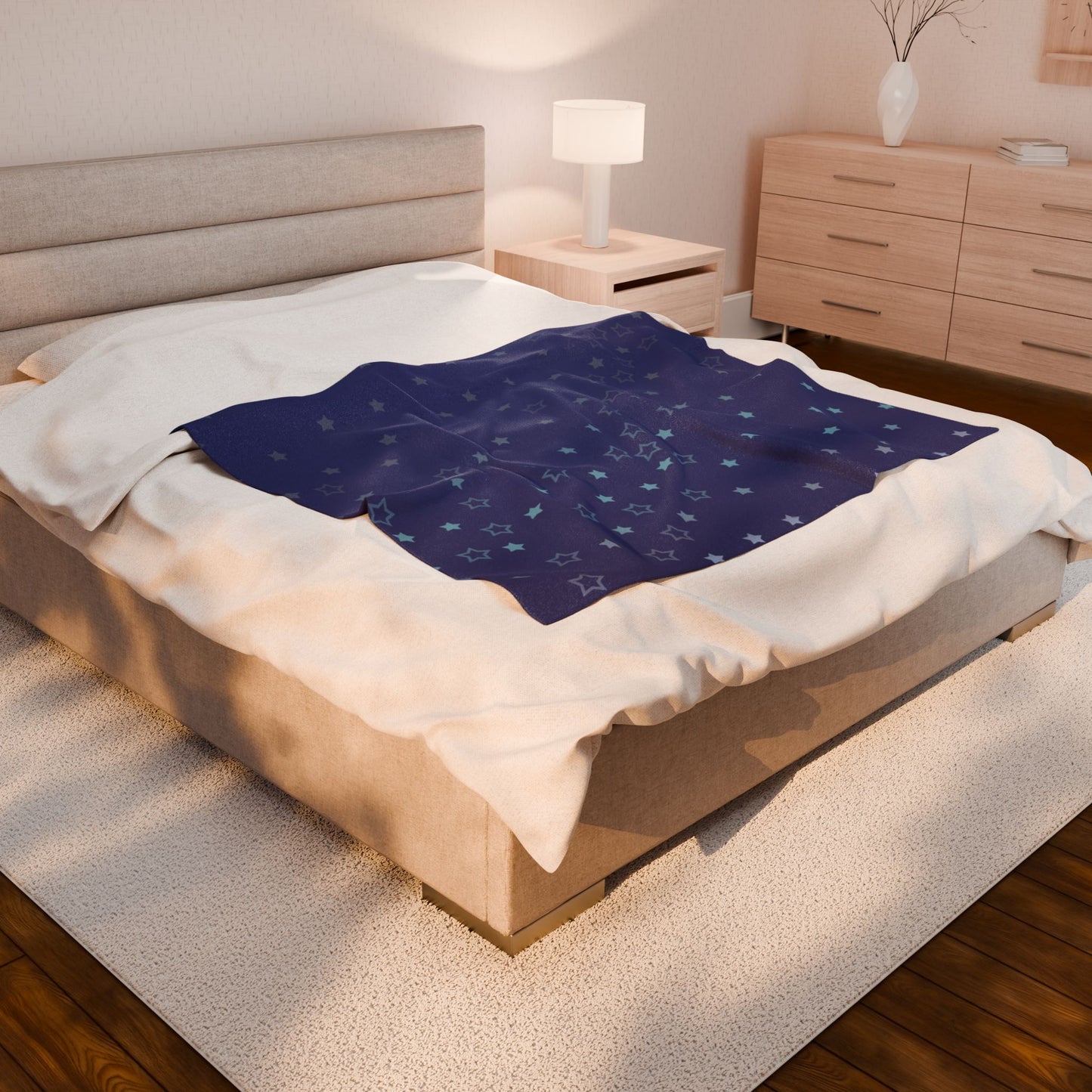 Blue Starfall Velveteen Plush Blanket – Blue Star Throw, Celestial Night Sky Fleece Blanket, Galaxy-Inspired Cozy Decor