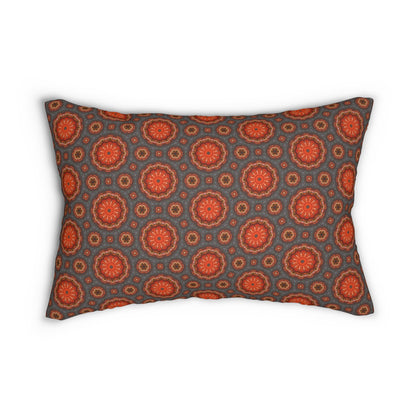 Fiery Sunburst Mandala Lumbar Pillow – Boho Orange and Gray Accent Throw Pillow for Modern or Eclectic Home Decor