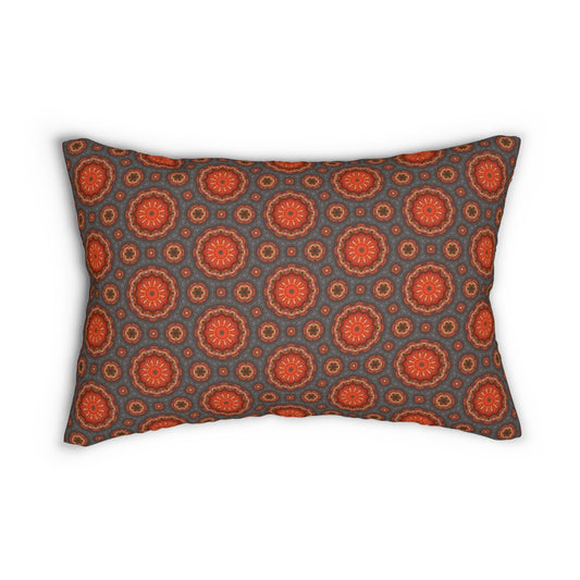 Fiery Sunburst Mandala Lumbar Pillow – Boho Orange and Gray Accent Throw Pillow for Modern or Eclectic Home Decor