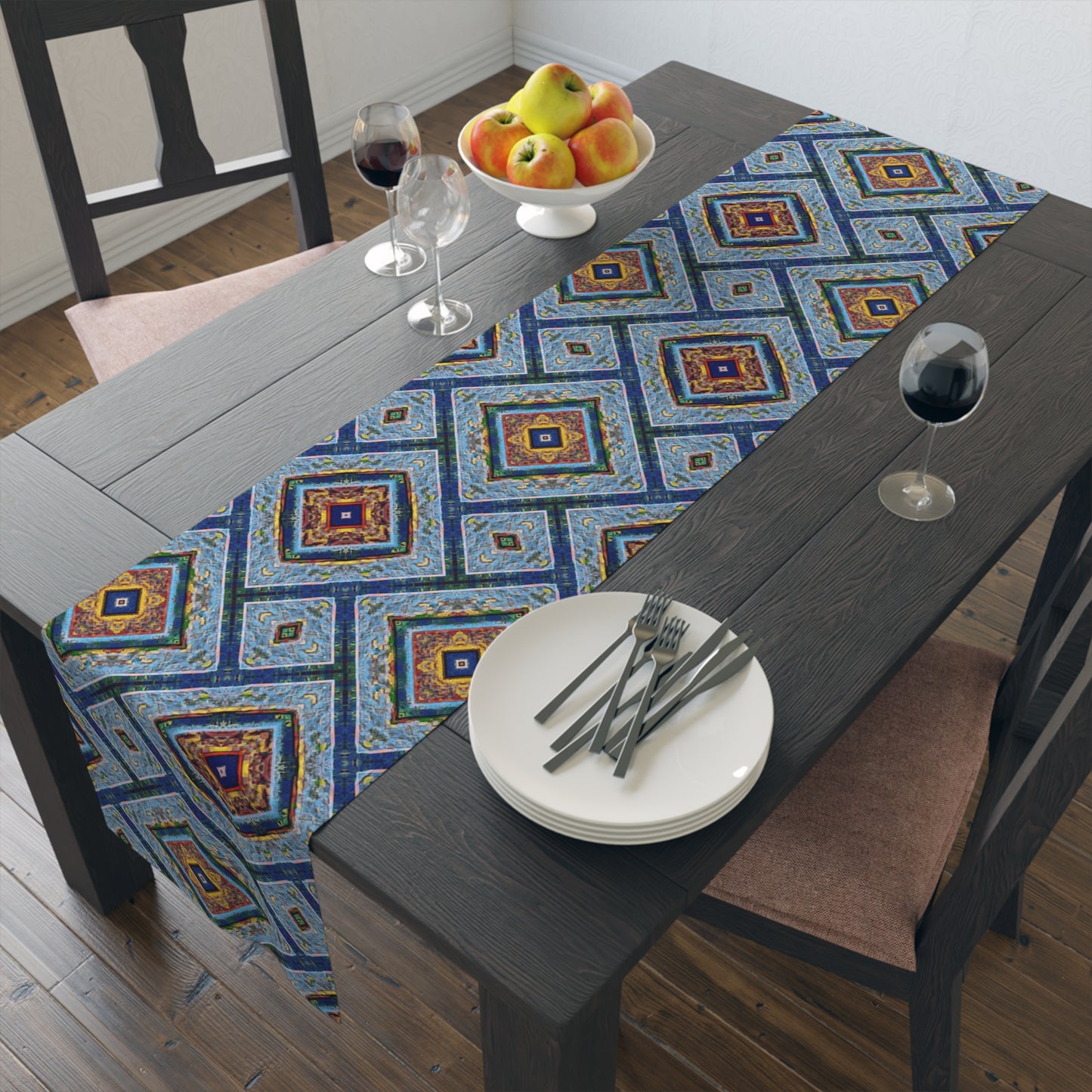 Blue Fusion Tiling Table Runner – Blue Geometric Dining Decor, Modern Tile Pattern Runner