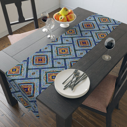 Blue Fusion Tiling Table Runner – Blue Geometric Dining Decor, Modern Tile Pattern Runner