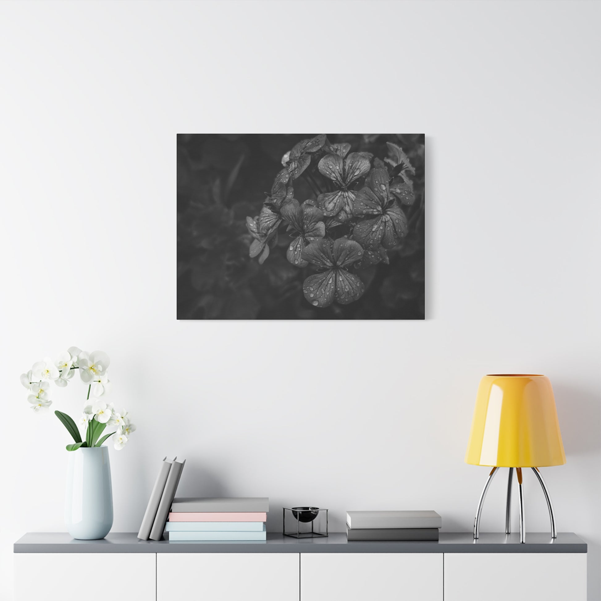 Black and white geranium wall decor with raindrop texture