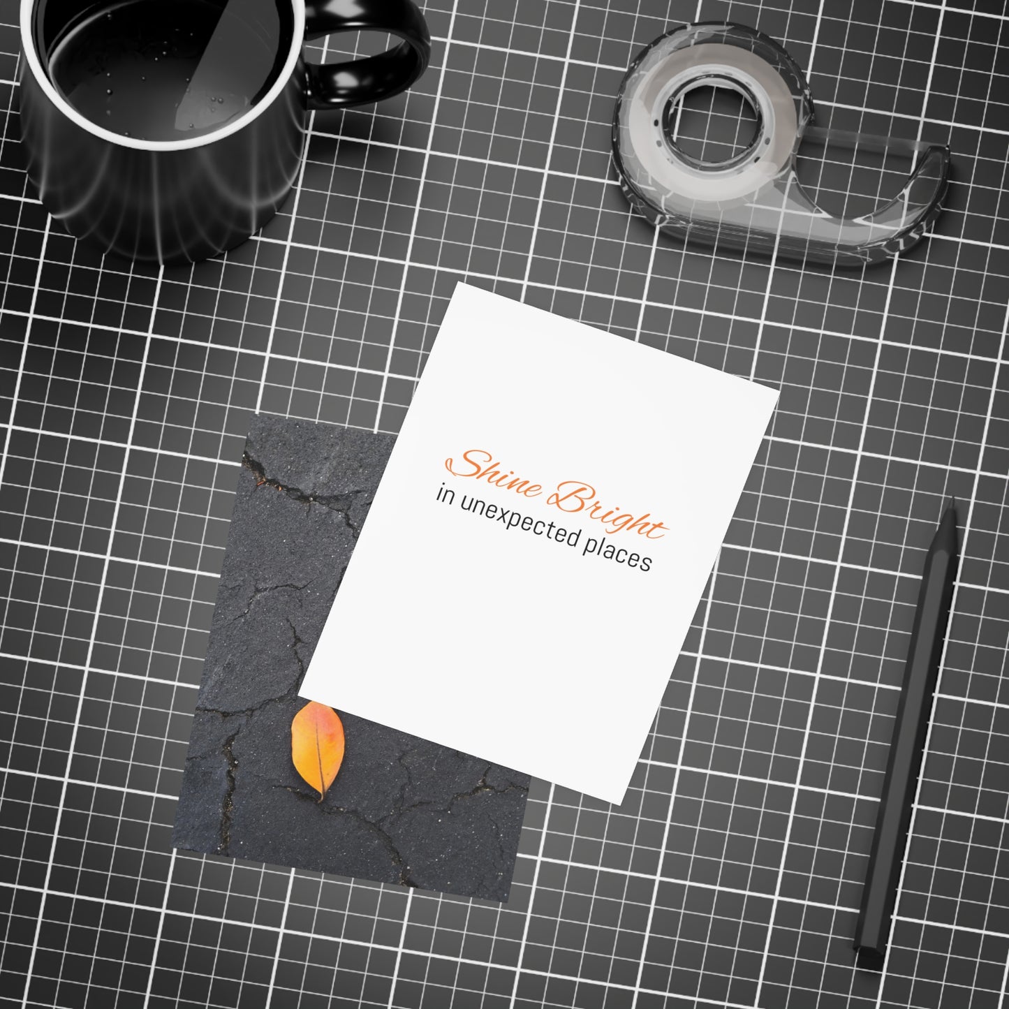 Orange Leaf on Black Concrete Inspirational Postcard – Minimalist Autumn Decor for Modern Homes