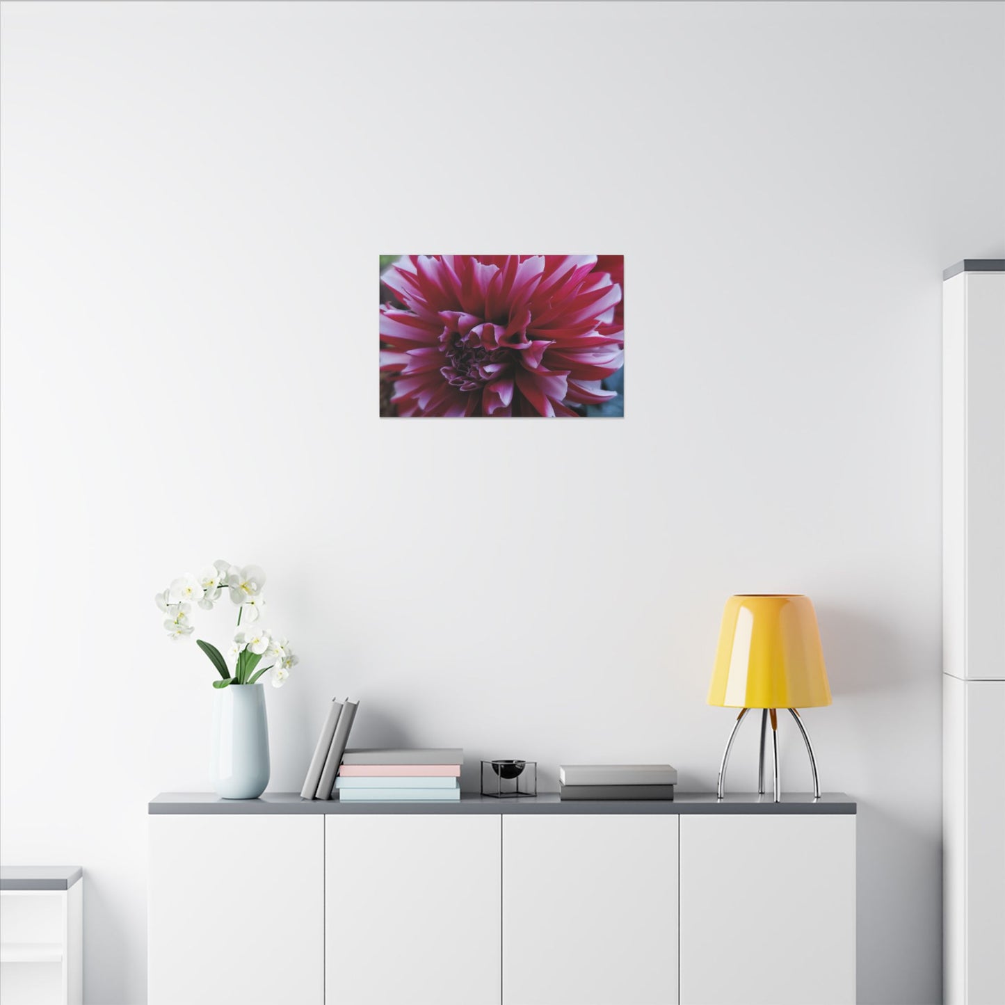 Red and White Dahlia Canvas Print – Bright Floral Nature Photography Wall Art