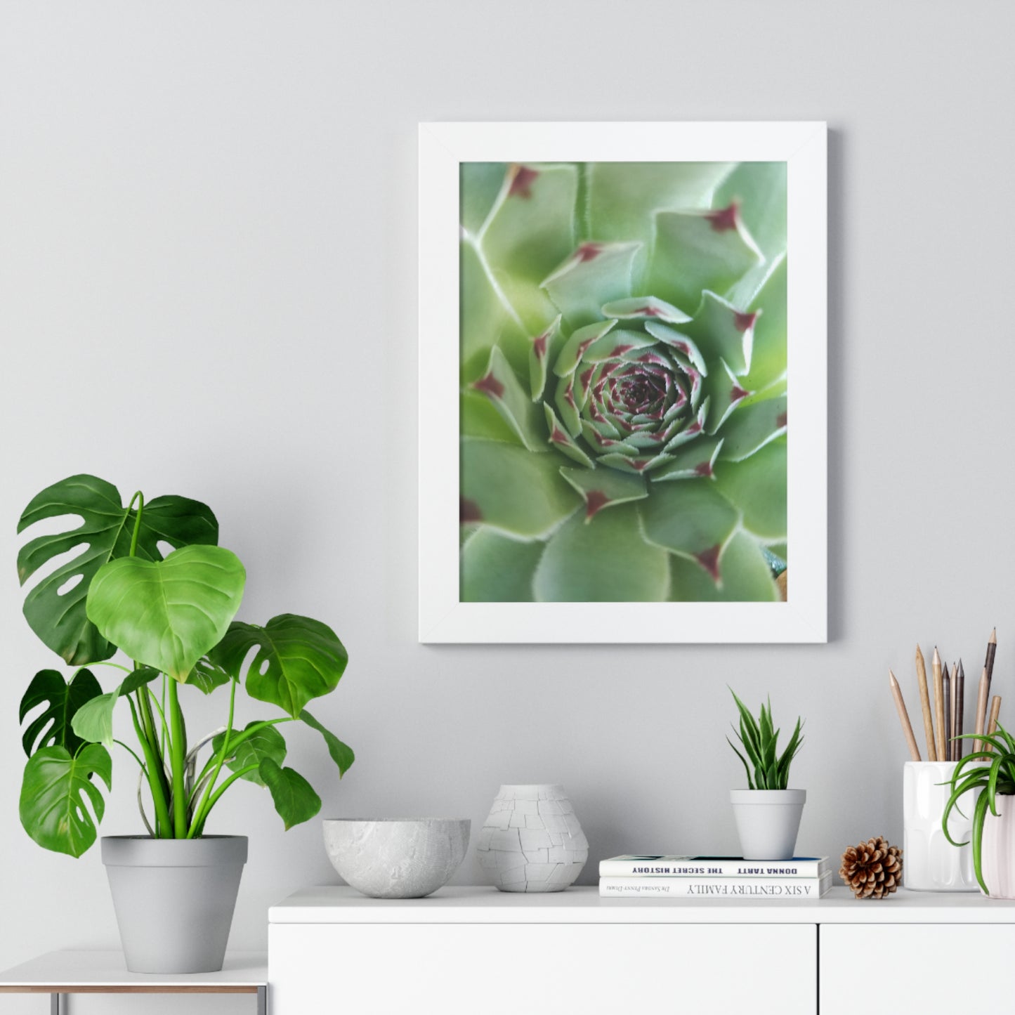 Pale Green Spiky Succulent Framed Print – Minimalist Botanical Wall Art for Desert-Inspired Interiors