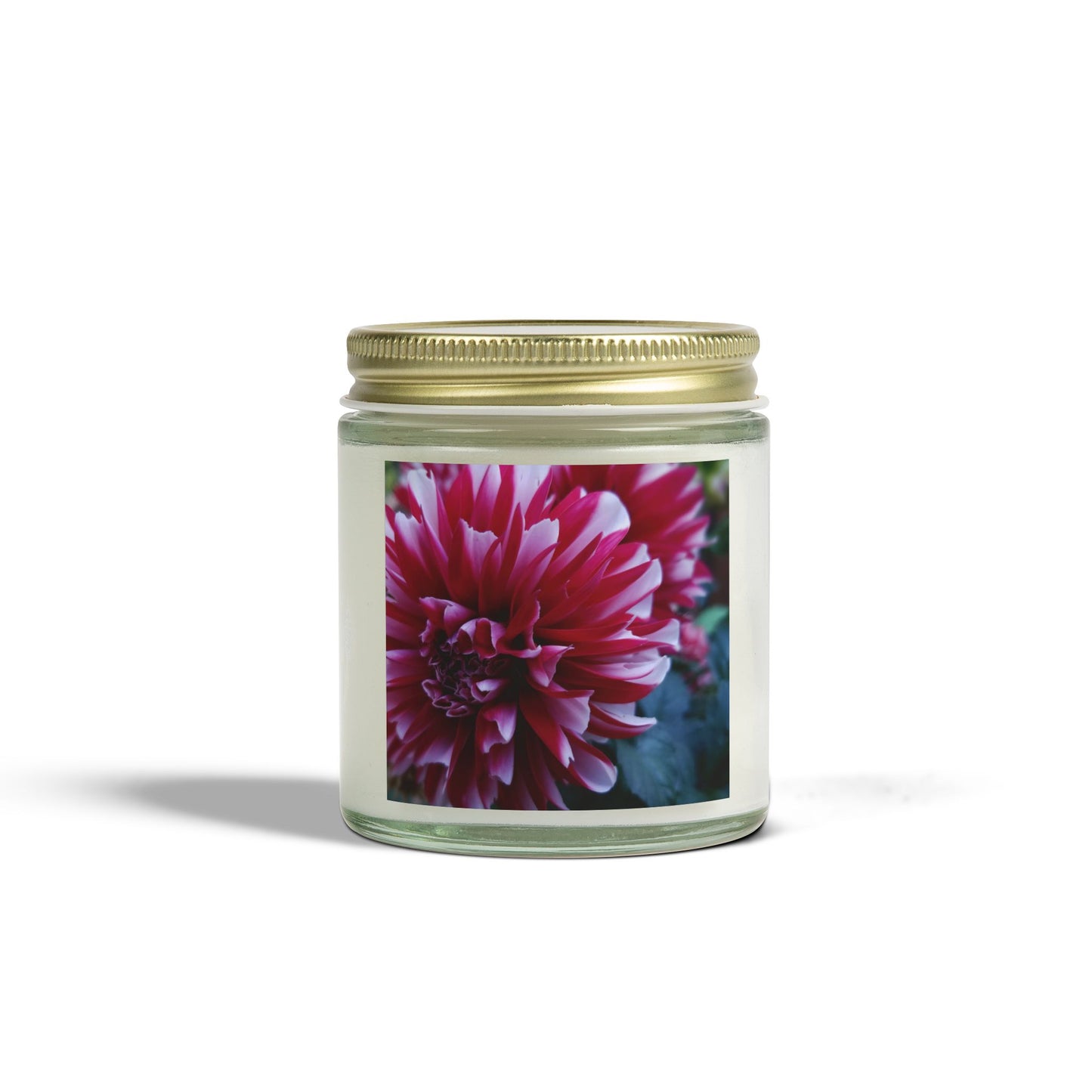 Red and White Dahlia Jar Candle – Botanical Flower Photo Candle for Cozy Floral Home Decor