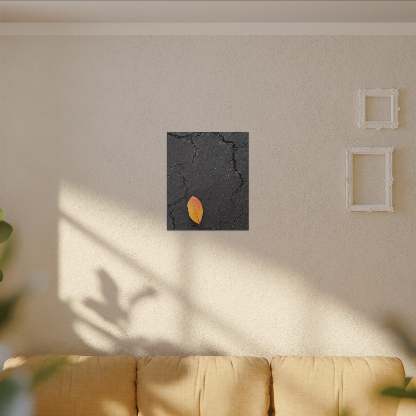 Orange Leaf Against Black Concrete Minimalistic Canvas Print – Contemporary Nature Photography Wall Art