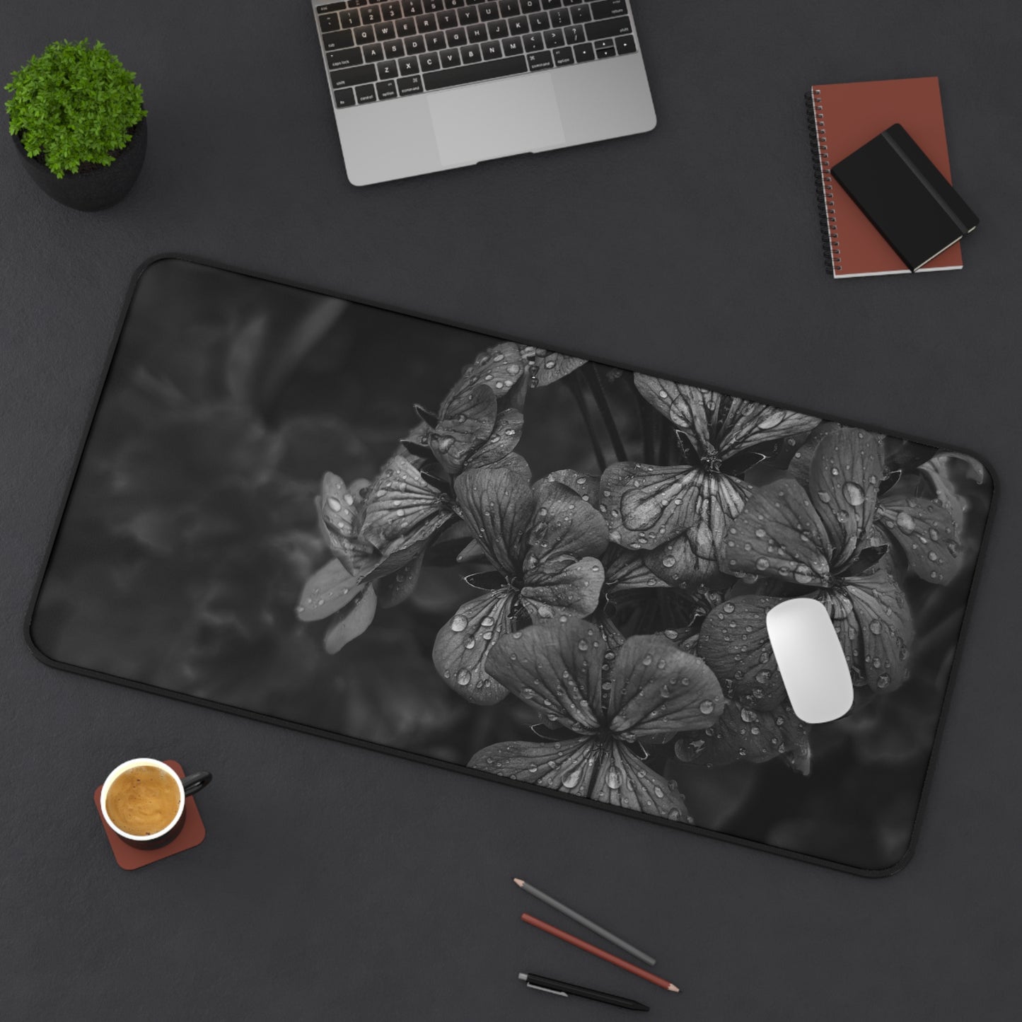 Geranium After a Light Rain Desk Mat – Moody Botanical Floral Art, Monochrome Nature-Inspired Workspace Decor