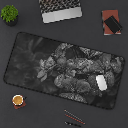 Geranium After a Light Rain Desk Mat – Moody Botanical Floral Art, Monochrome Nature-Inspired Workspace Decor