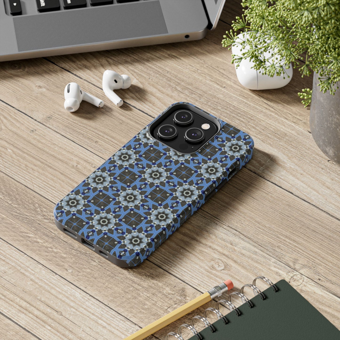 Blue Quilt Pattern Phone Case – Geometric Floral Protective Cover for iPhone & Android Models