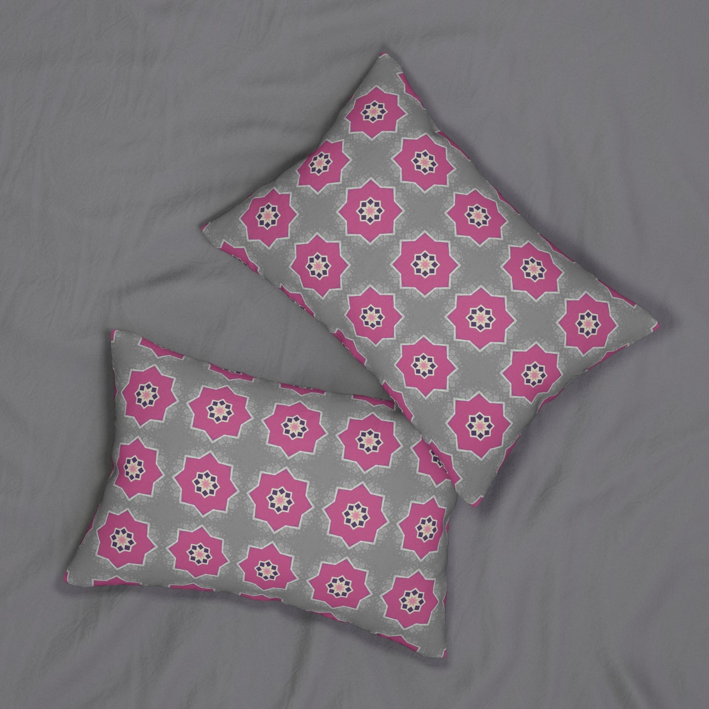 Pink and Gray Floral Lumbar Pillow – Geometric Tile Pattern Cushion for Modern or Boho Chic Decor