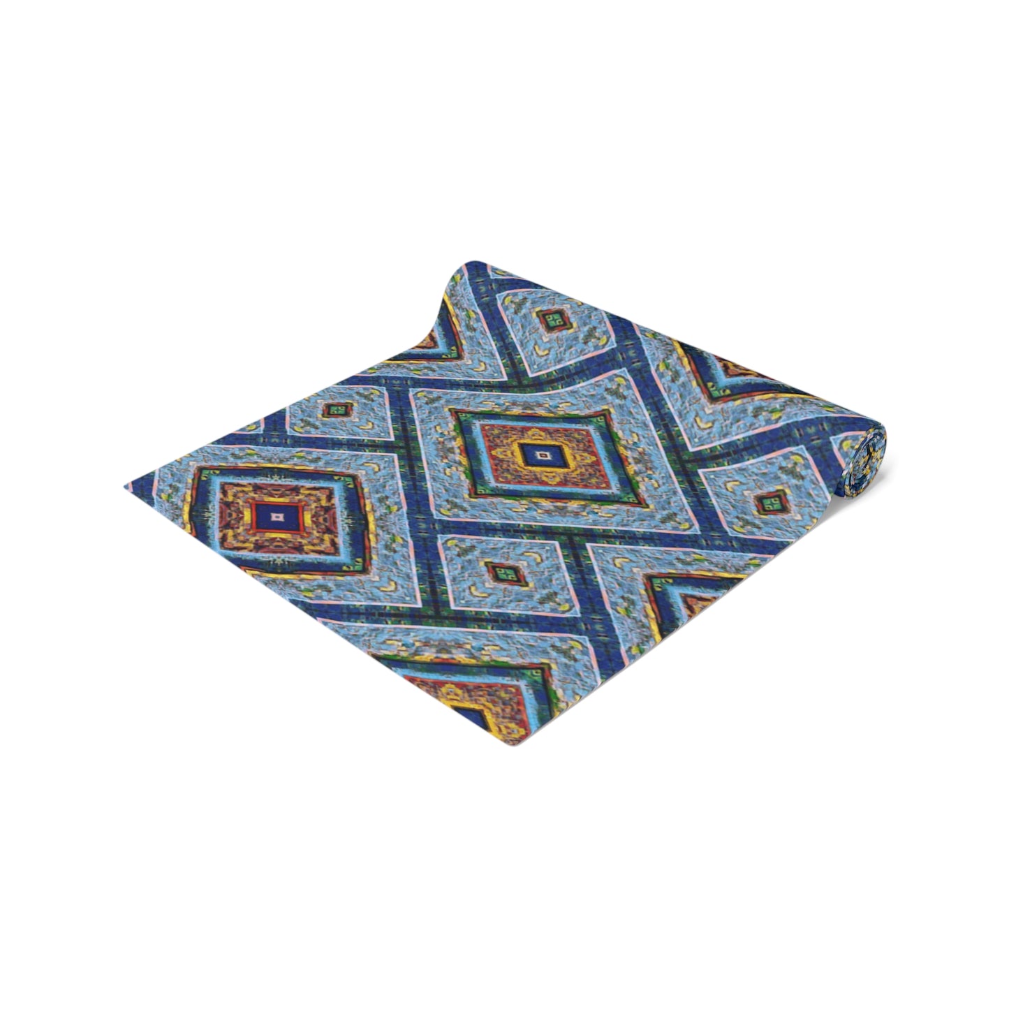 Blue Fusion Tiling Table Runner – Blue Geometric Dining Decor, Modern Tile Pattern Runner