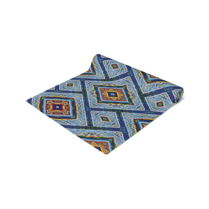 Blue Fusion Tiling Table Runner – Blue Geometric Dining Decor, Modern Tile Pattern Runner