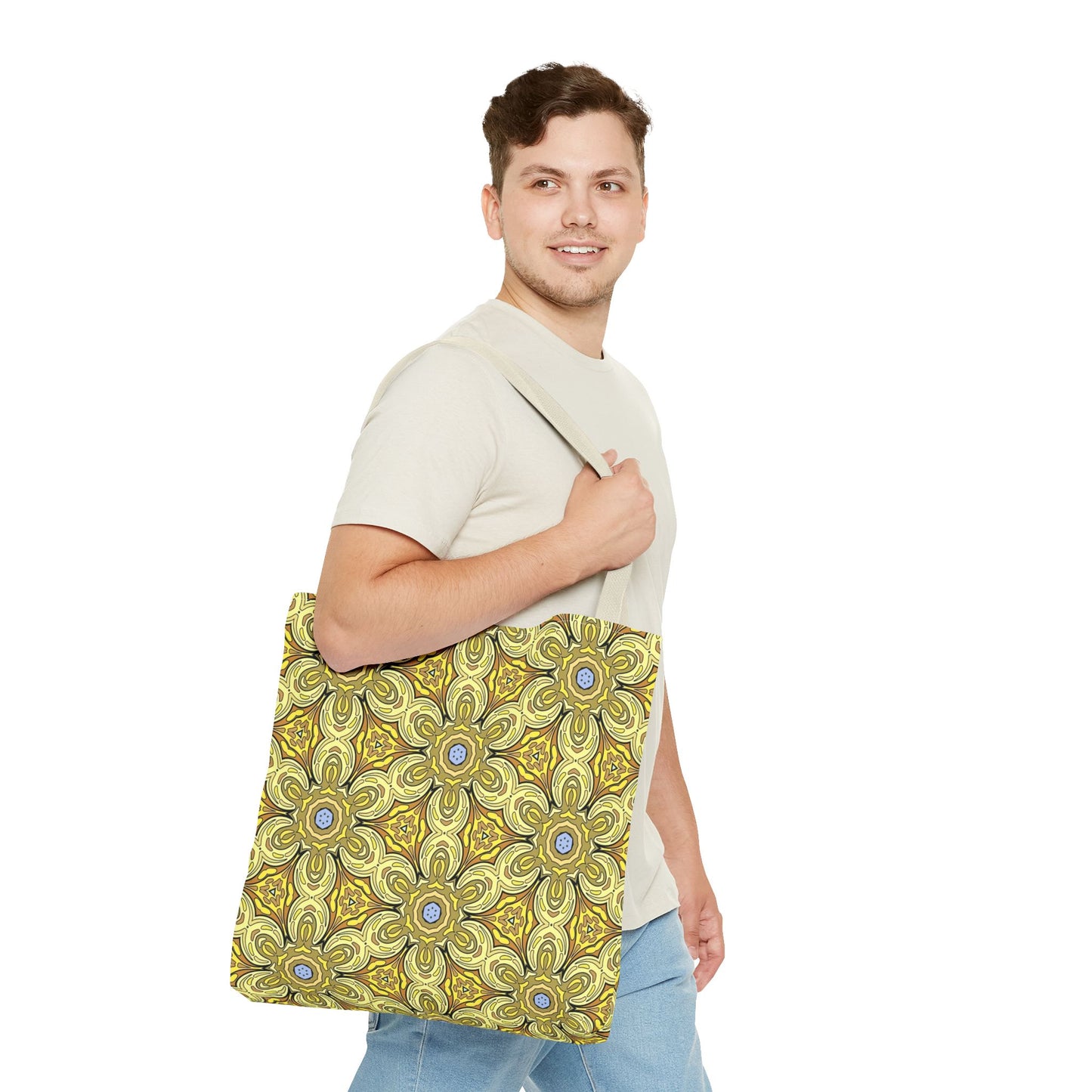 Retro Yellow Flowers Tote Bag – Geometric Floral Pattern Reusable Shopping Bag