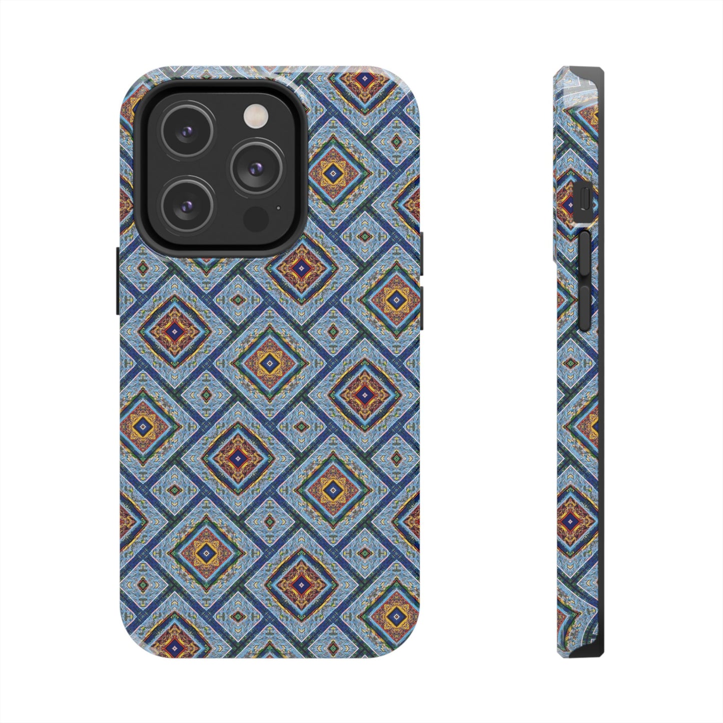 Blue Fusion Tiling Tough Case – Blue Geometric Phone Case, Modern Diamond Pattern Cover, Abstract Tile Design