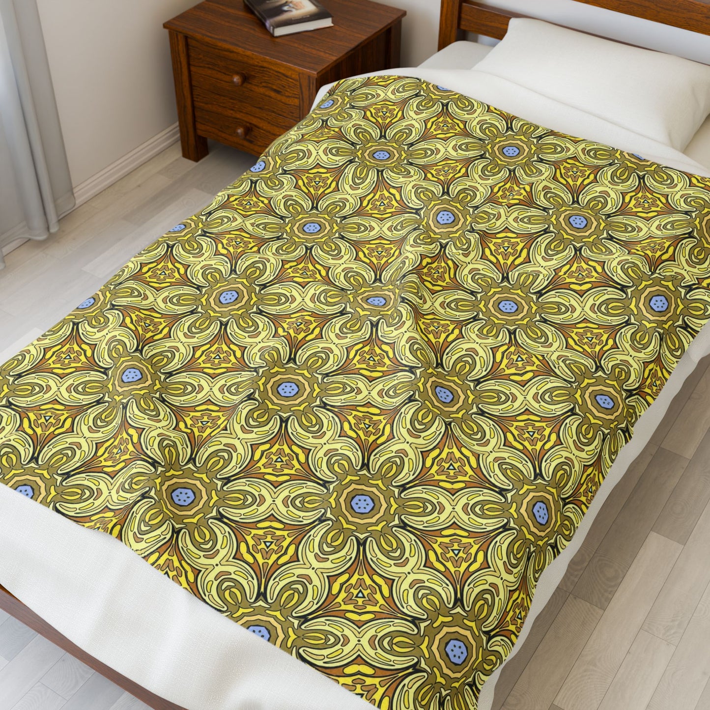 Retro Yellow Flowers Velveteen Blanket – Soft Geometric Floral Throw for Living Room & Bedroom