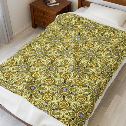 Retro Yellow Flowers Velveteen Blanket – Soft Geometric Floral Throw for Living Room & Bedroom